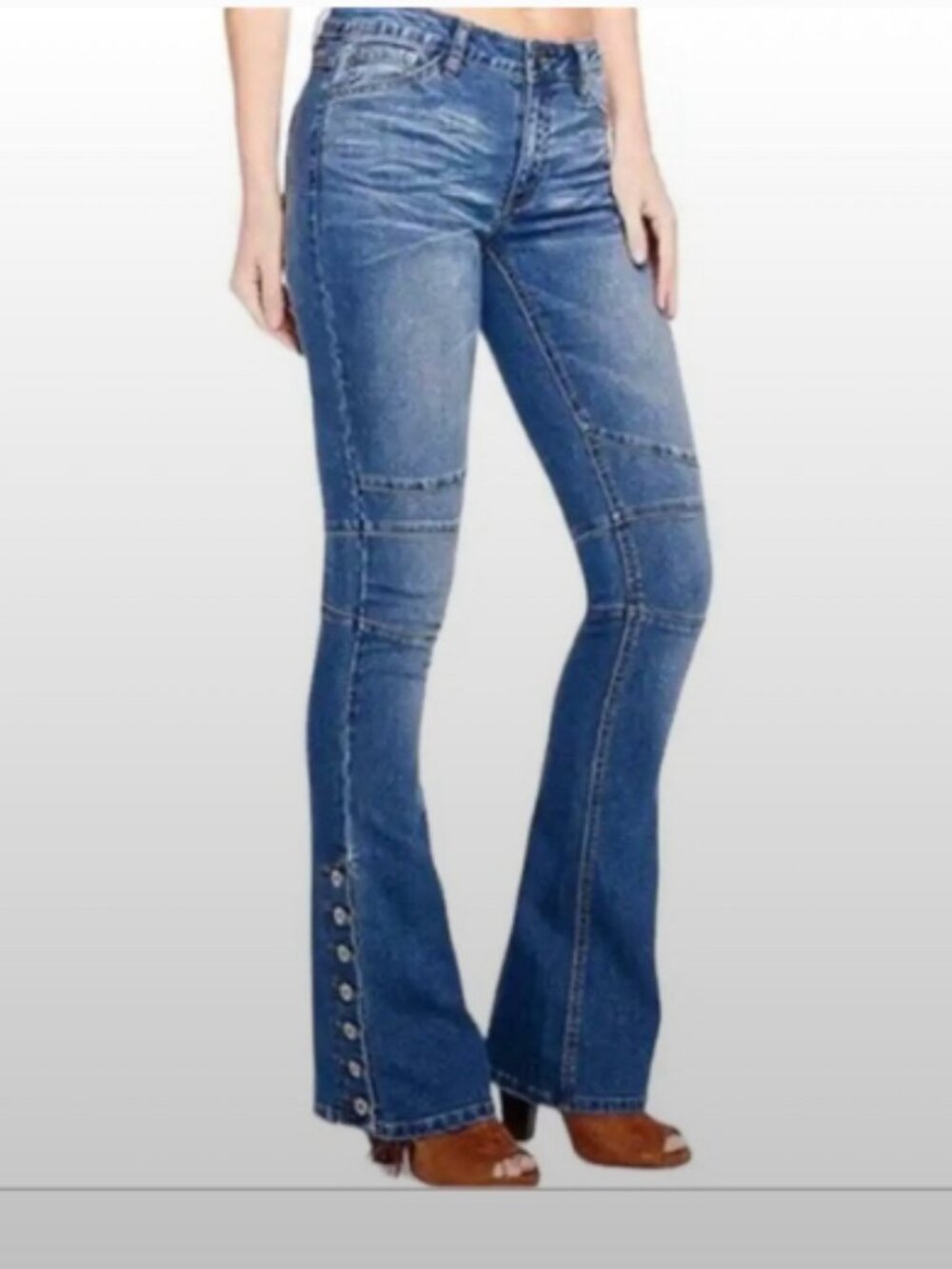Free People Skylar Button Mid-Rise Flare Moto Jeans Snap Buttons Festival 28
